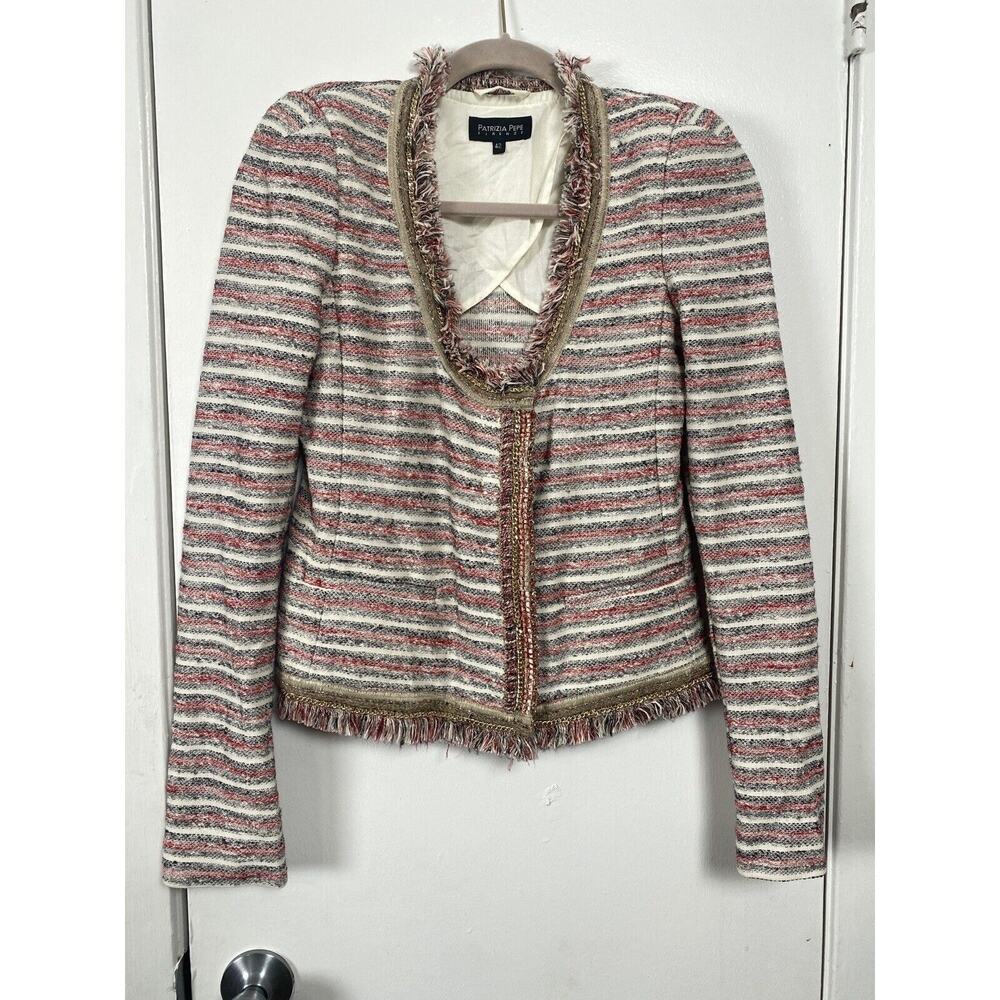 Patrizia Pepe Firenze Gold Chain Embellish Frayed Edges Tweed Jacket Blazer 42